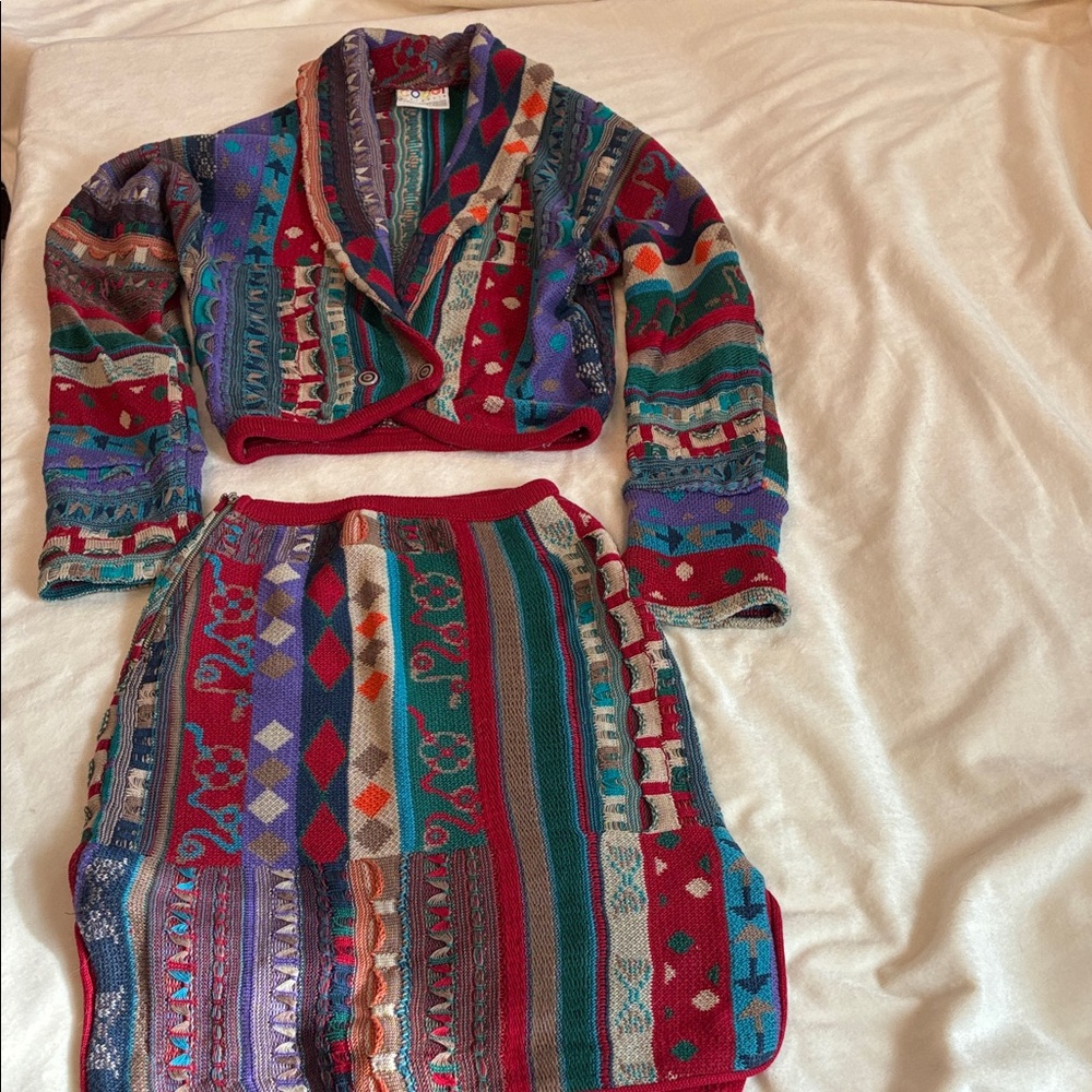 Rare Vintage COOGI Multicolor Knit two button cardigan + mini skirt circa 1990.